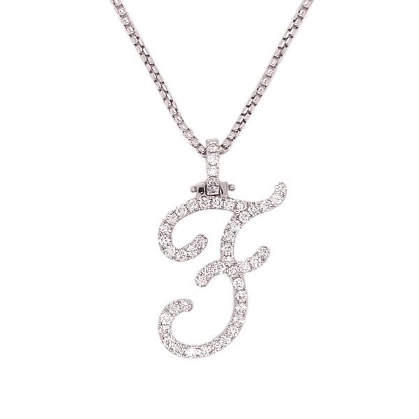 14k White Gold Large Diamond Initial "F" Pendant with Chain 1.01 Ctw