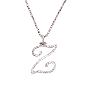 14k White Gold Large Diamond Initial "Z" Pendant with Chain 1.01 Ctw