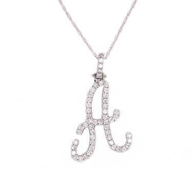 14k White Gold Large Diamond Initial "A" Pendant with Chain 1.07 Ctw
