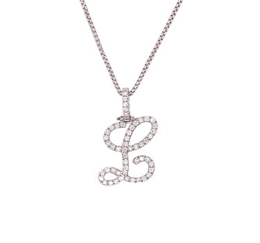14k White Gold Small Diamond Initial "L" Pendant with Chain 0.65 Ctw