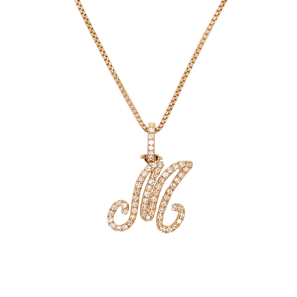 14k Yellow Gold Small Diamond Initial "M" Pendant with Chain 0.79 Ctw