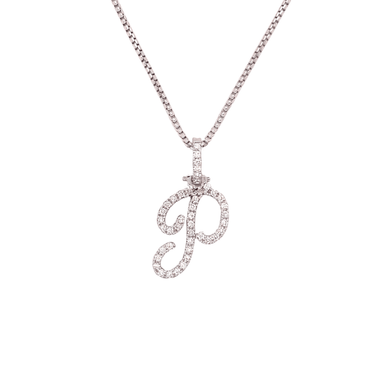 14k White Gold Small Diamond Initial "P" Pendant with Chain 0.44 Ctw