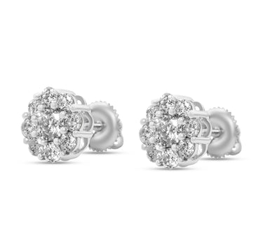 14k White Gold Round Diamond Cluster Stud Earrings 1.01 Ctw