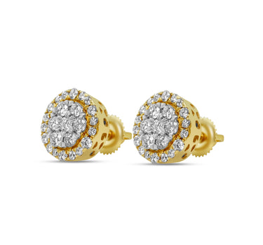 14k Yellow Gold Round Diamond Cluster Stud Earrings 0.98 Ctw