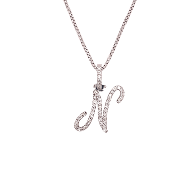 14k White Gold Small Diamond Initial "N" Pendant with Chain 0.55 Ctw