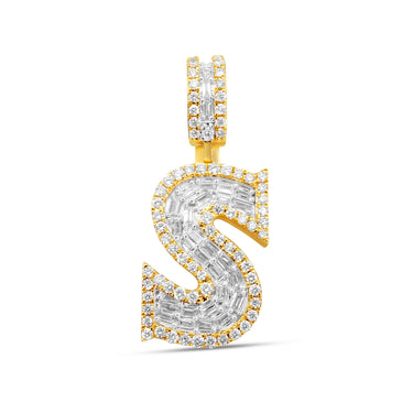 14k Yellow Gold Baguette Diamond Initial Letter "S" Pendant  0.91 Ctw